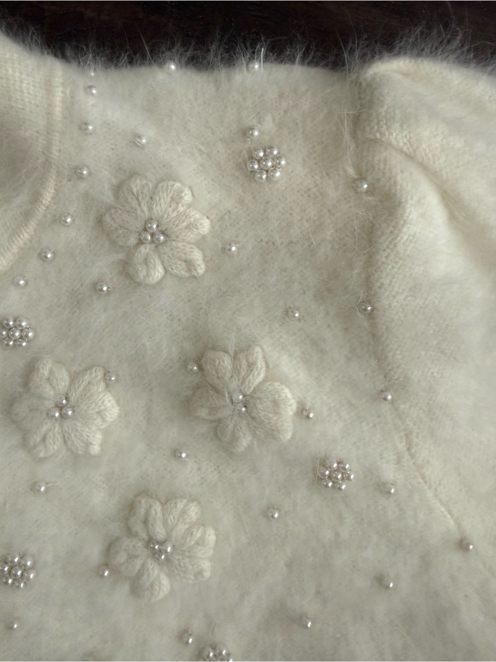 Vintage Ivory Angora Blend Cardigan Pearl Floral Embellished Sweater - Picture 4 of 10